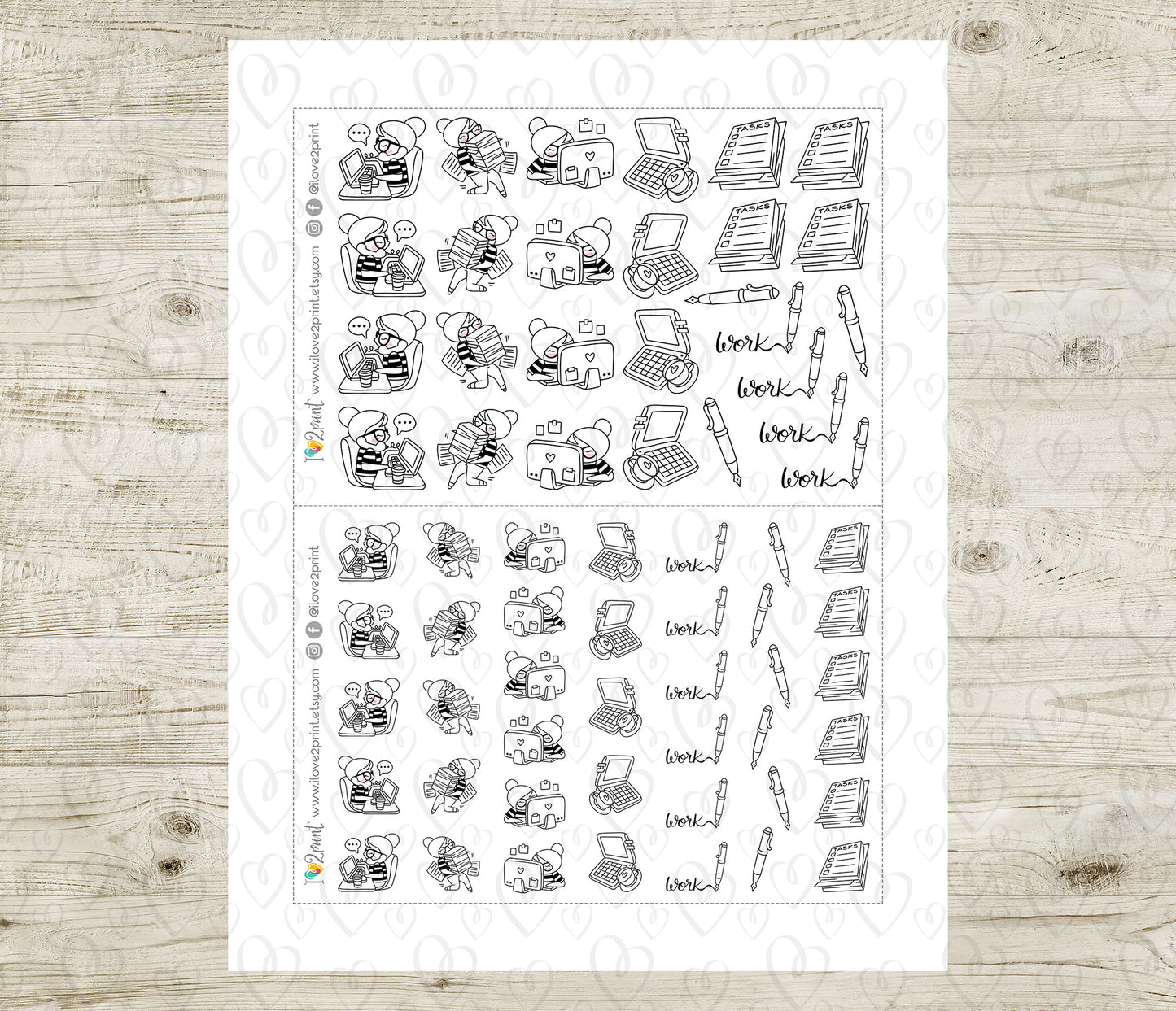 Sheet of planner stickers with various office related icons on a wooden surface
