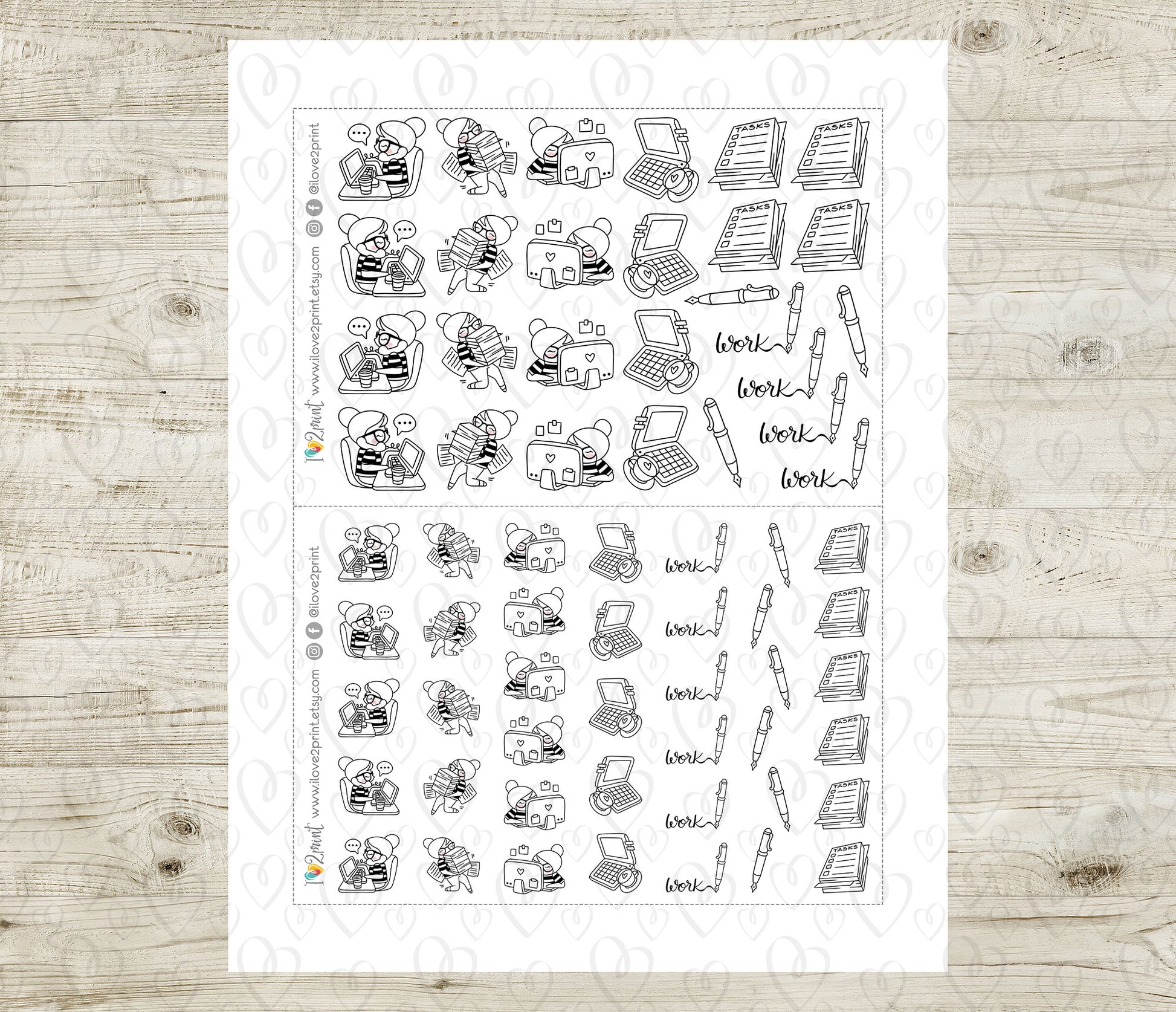 Sheet of planner stickers with various office related icons on a wooden surface