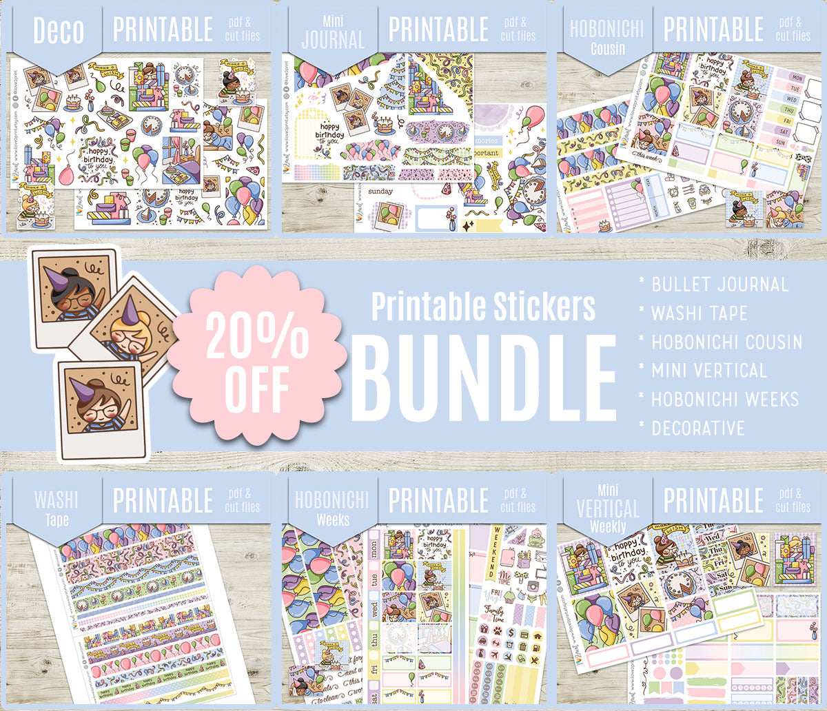 Elena Happy Birthday Bundle | All 7 Sticker Sets | Decorative Bujo Weeks Cousin Vertical Washi | PDF
