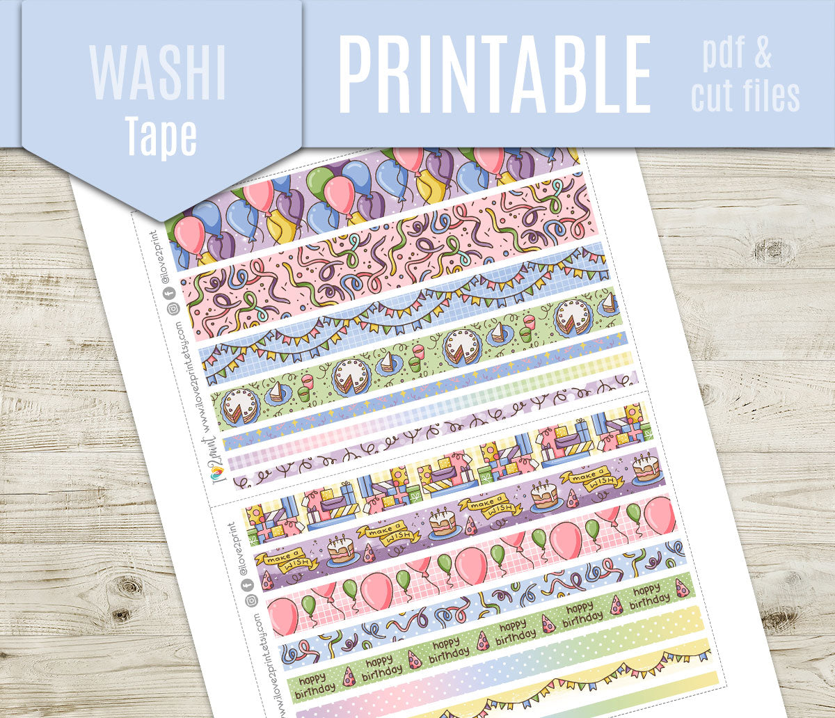 Elena Happy Birthday Washi Tape Stickers | Printable Decorative Strips | PDF Cut Files | Instant Download