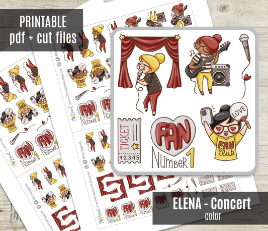 Elena Music Concert Color Printable Stickers | 2 Skin Tones Singer Guitar | PDF Cut Files