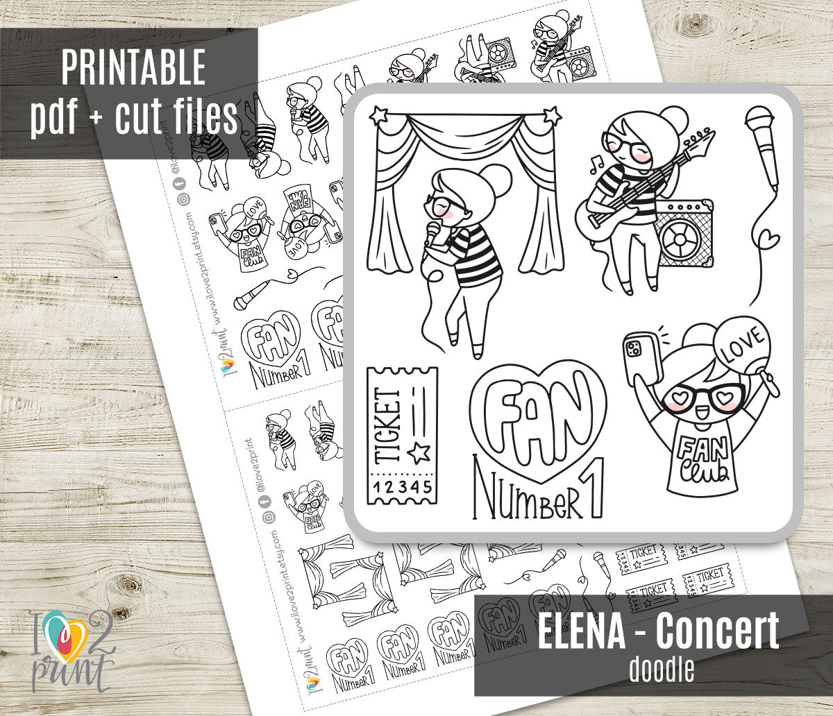 Elena Music Concert Doodle Printable Planner Stickers | Outline Singer Guitar | PDF Cut Files