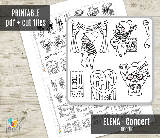 Elena Music Concert Doodle Printable Planner Stickers | Outline Singer Guitar | PDF Cut Files