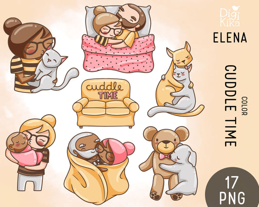 Elena Cuddle Time Color Clipart | 2 Skin Tones Cozy Graphics | PNG | Commercial Use | Inclusive