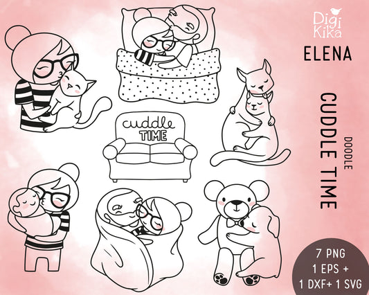 Elena Cuddle Time Outline Clipart | Cozy Couple Pet Graphics | EPS SVG DXF PNG | Commercial Use
