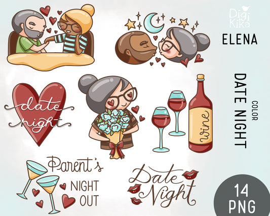 Elena Date Night Color Clipart | 4 Couple Variations | Romantic Graphics | PNG | Commercial Use