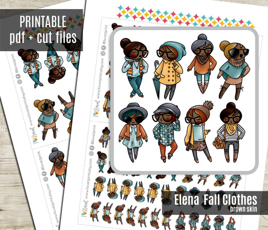 Elena Fall Outifit  SET 1 – Dark Skin Printable Planner Stickers – PDF + Cut Files