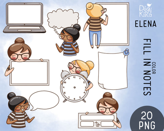 Fill-in Notes Elena Planner Girl - Color Clip Art Set