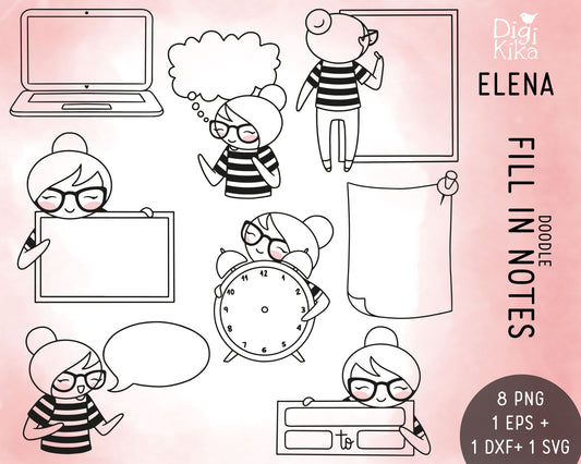 Fill-in Notes Elena Planner Girl - Stamp Clip Art Set