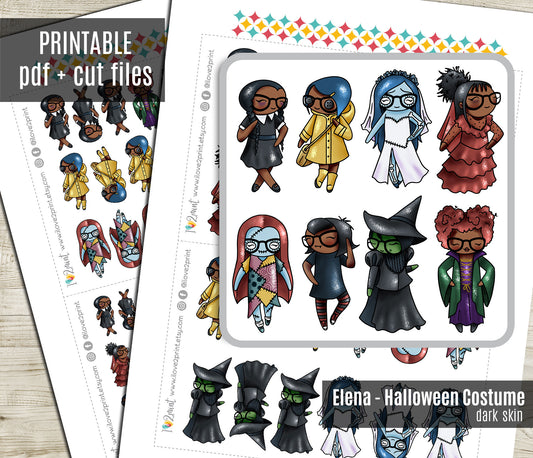 Elena Planner Girl – Halloween Costume BROWN SKIN Printable Stickers – Famous Characters – PDF & Cut Files