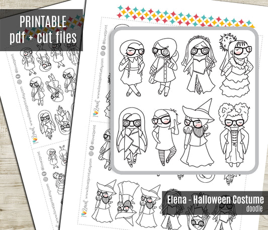 Elena Planner Girl – Halloween Costume DOODLE Printable Stickers – Famous Characters – PDF & Cut Files