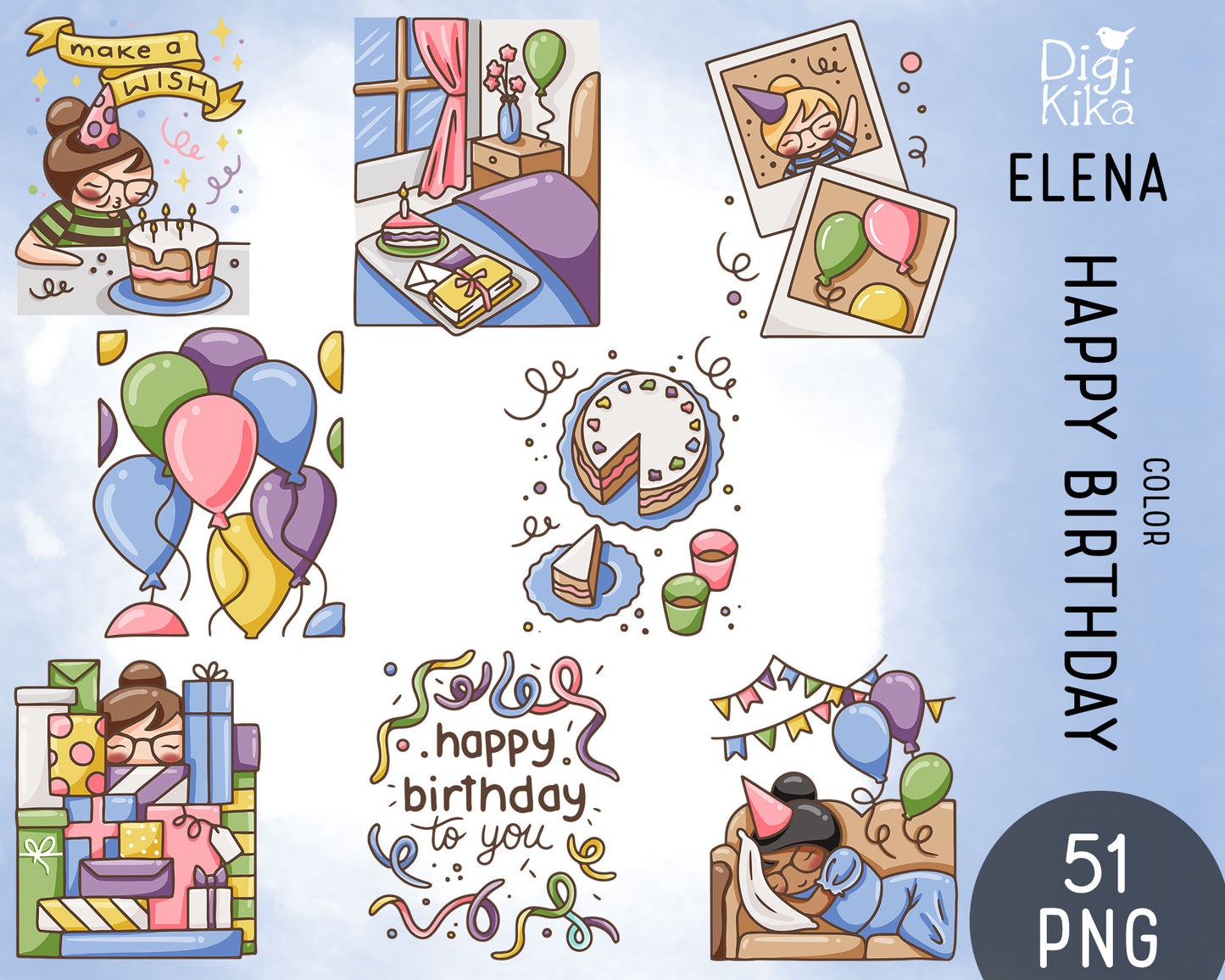 Elena Happy Birthday Color Clipart | 3 Skin Tones | 51 PNG | Commercial Use | Inclusive Birthday