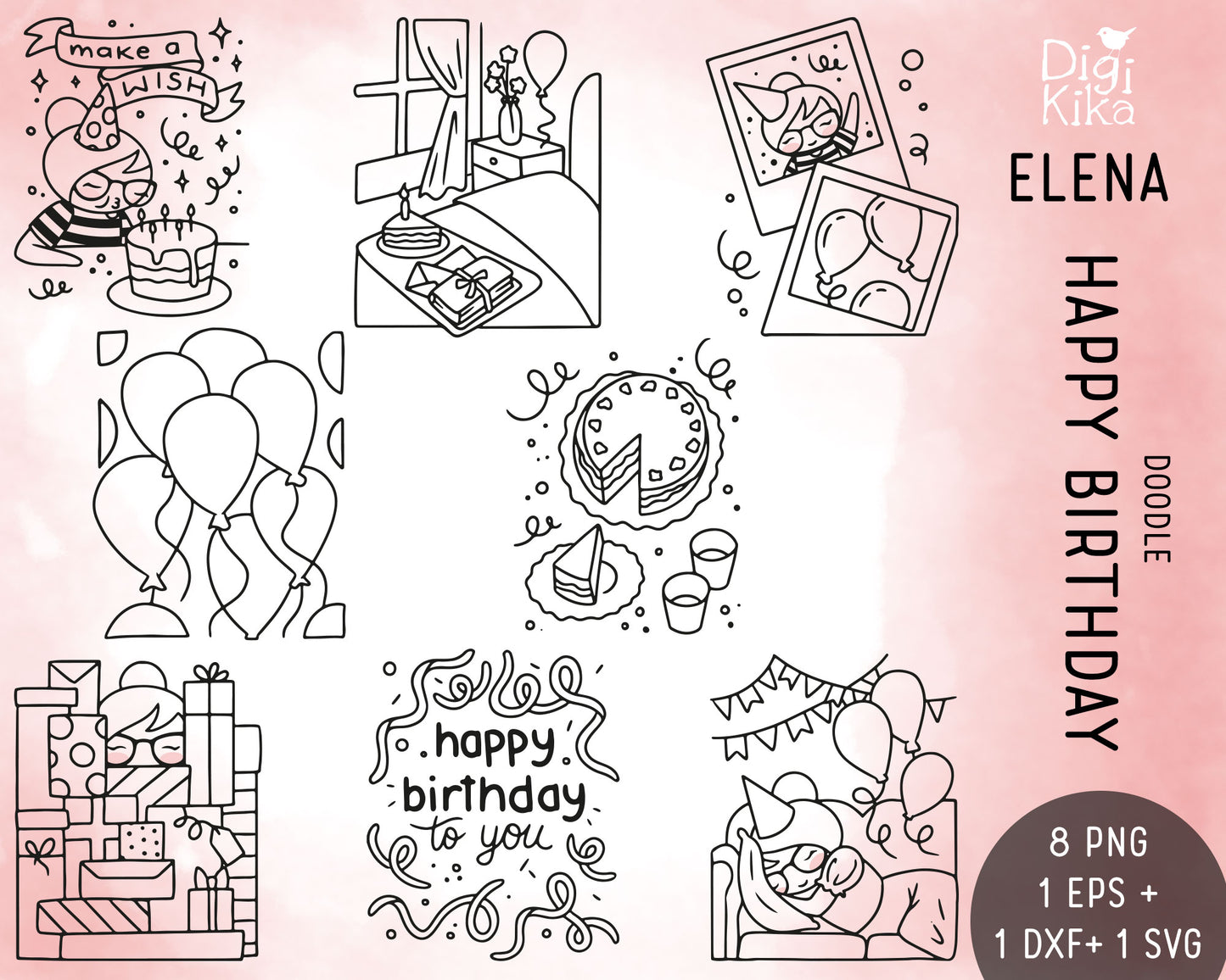 Elena Happy Birthday Outline Clipart | Commercial Use | EPS SVG DXF PNG | Birthday Graphics