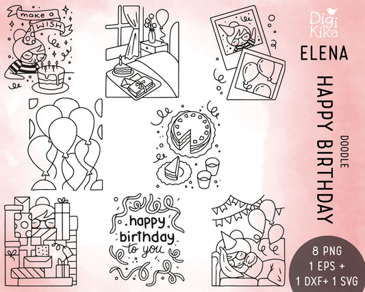 Elena Happy Birthday Outline Clipart | Commercial Use | EPS SVG DXF PNG | Birthday Graphics