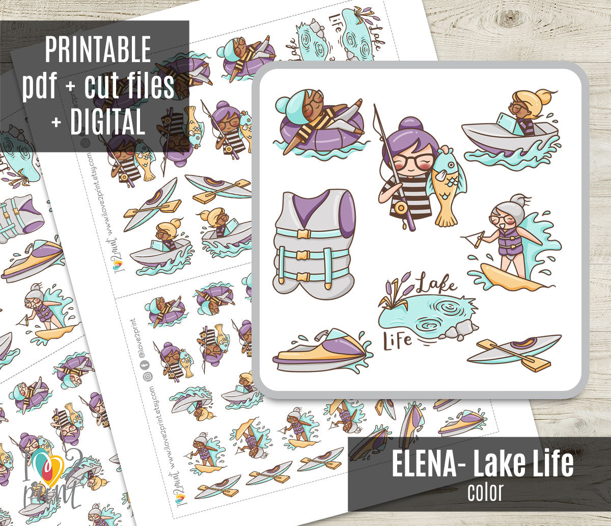 Elena Lake Life Printable Color Stickers | 2 Skin Tones | PDF + Cut Files