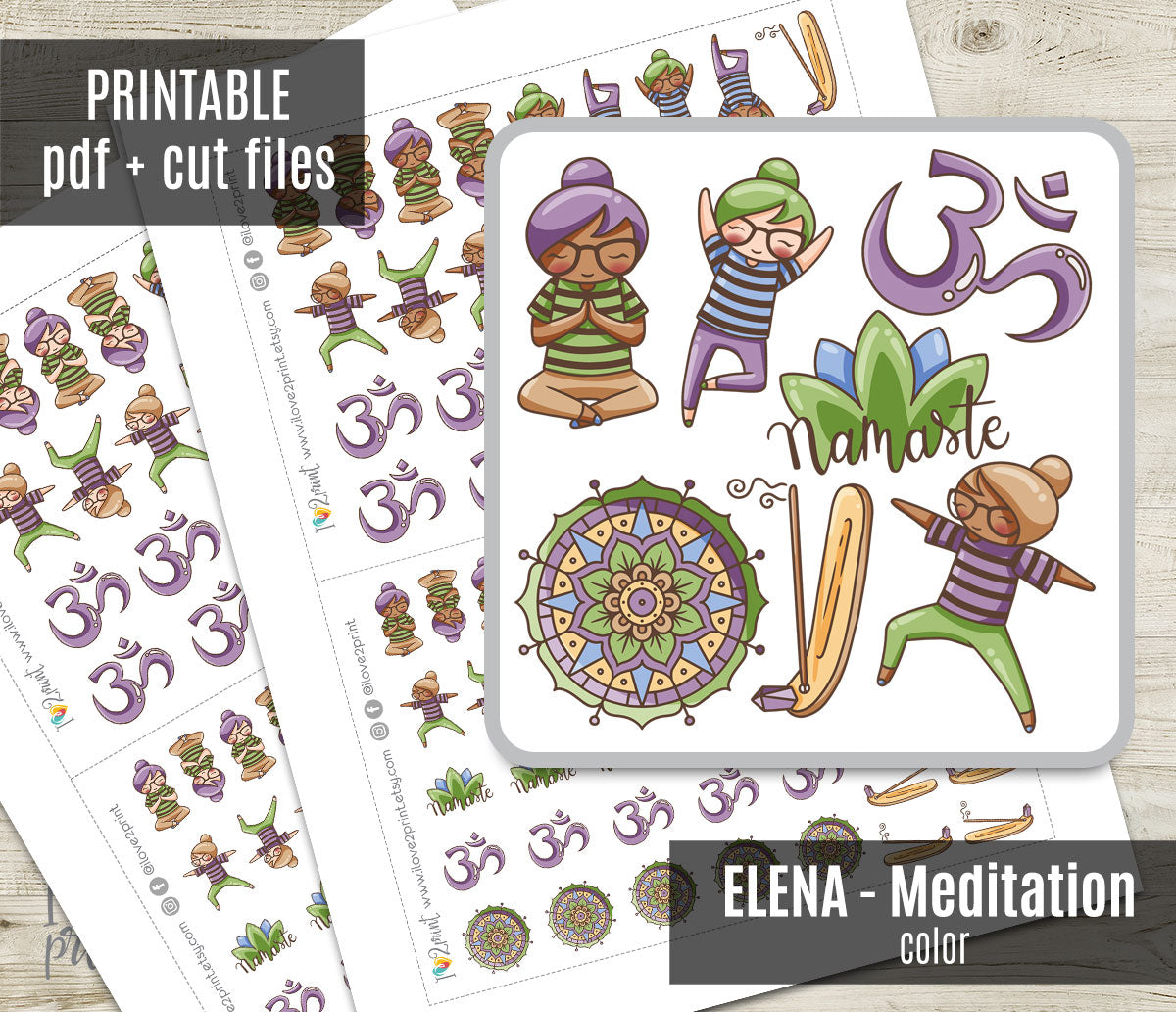 Elena Meditation Color Printable Planner Stickers | 2 Skin Tones Zen Mindfulness | PDF Cut Files