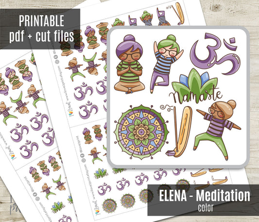 Elena Meditation Color Printable Planner Stickers | 2 Skin Tones Zen Mindfulness | PDF Cut Files