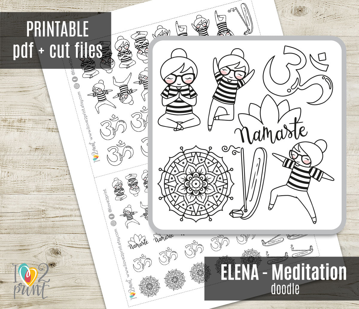 Elena Meditation Doodle Printable Planner Stickers | Outline Zen Mindfulness | PDF Cut Files