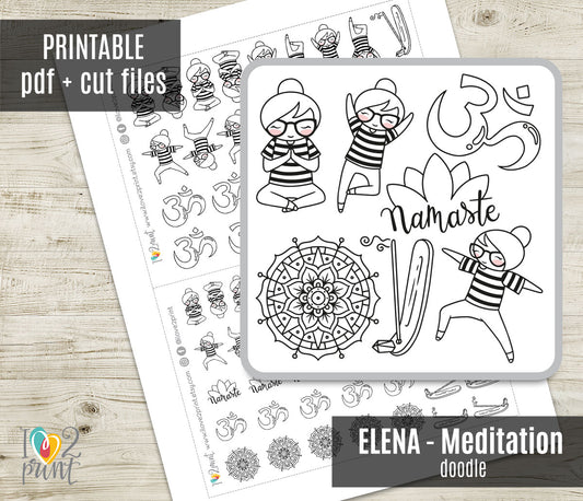 Elena Meditation Doodle Printable Planner Stickers | Outline Zen Mindfulness | PDF Cut Files