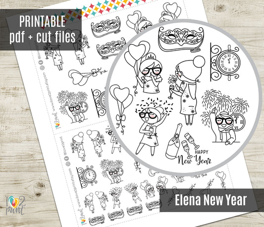 Elena Happy New Year – Doodle Printable Planner Stickers – PDF & Cut Files – Instant Download