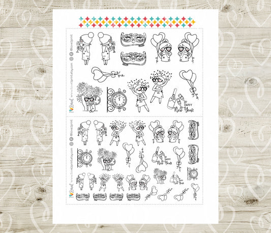 Elena Happy New Year – Doodle Printable Planner Stickers – PDF & Cut Files – Instant Download