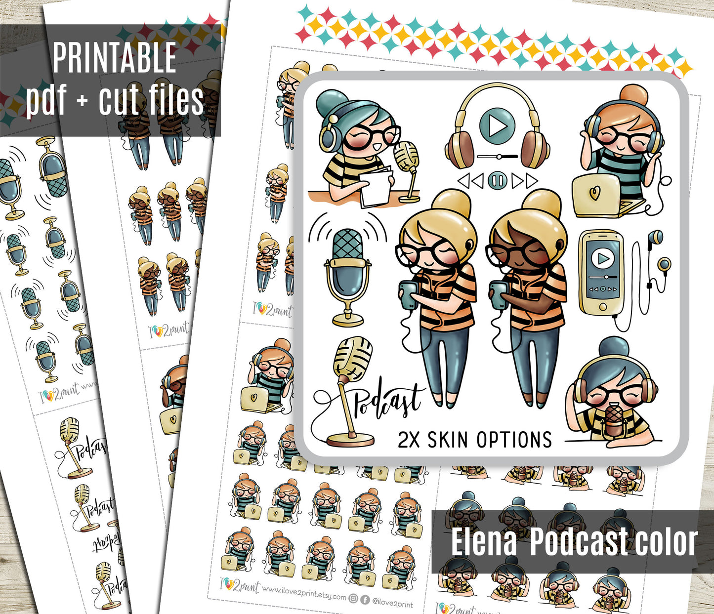 Elena Podcast Color Printable Stickers | 2 Skin Tones Audio | 2 Sizes | PDF Cut Files