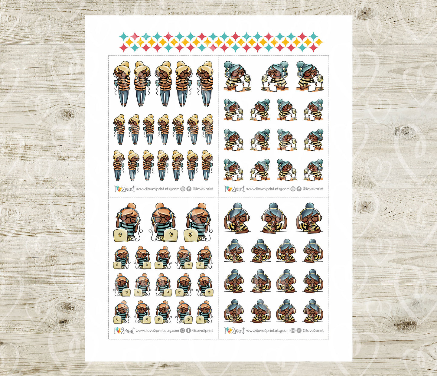 Elena Podcast Color Printable Stickers | 2 Skin Tones Audio | 2 Sizes | PDF Cut Files