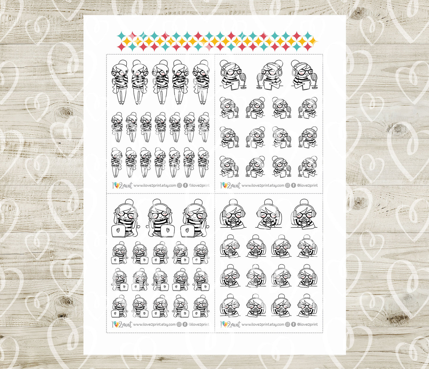 Elena Podcast Doodle Printable Planner Stickers | Outline Audio | 2 Sizes | PDF Cut Files