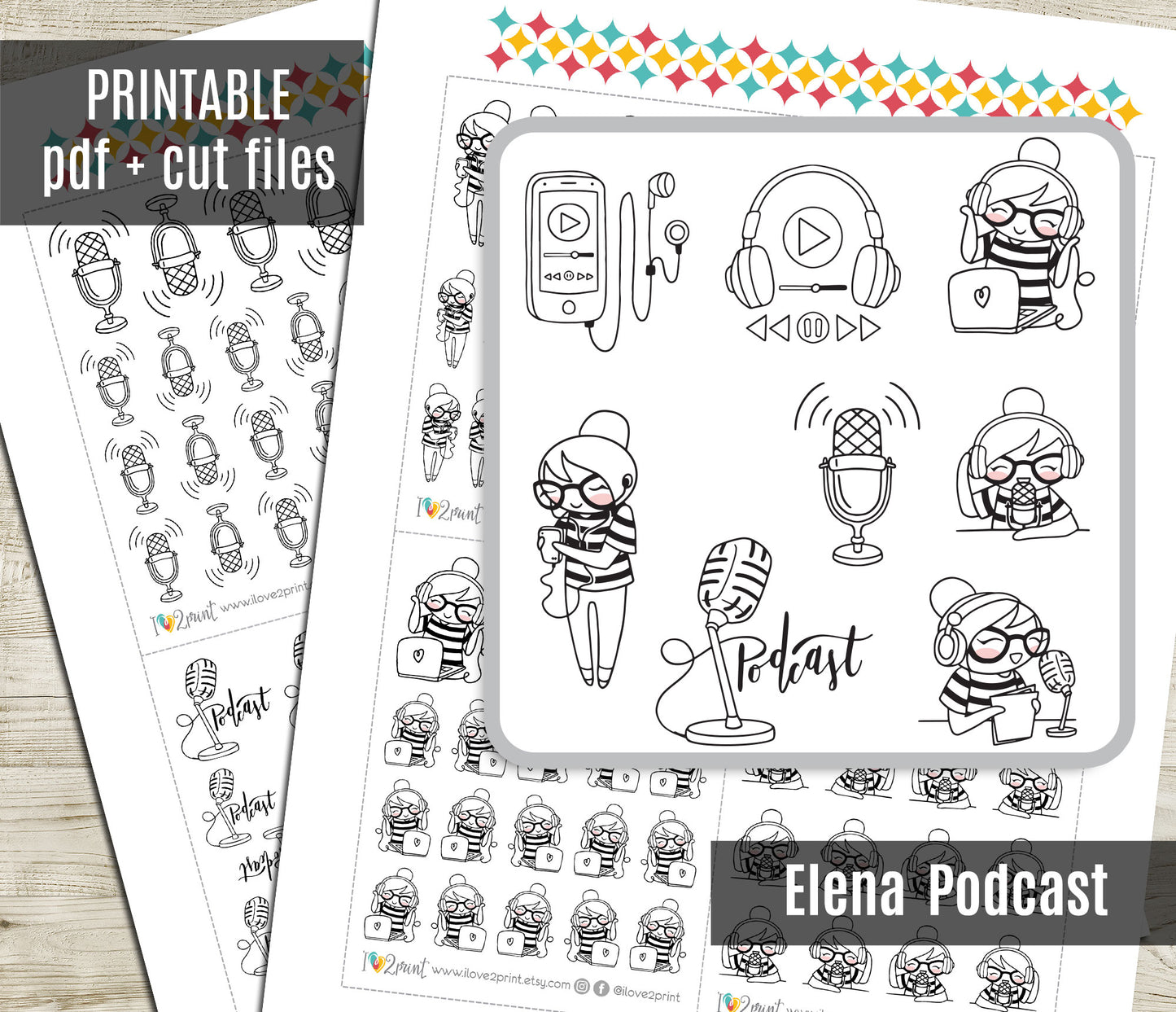 Elena Podcast Doodle Printable Planner Stickers | Outline Audio | 2 Sizes | PDF Cut Files