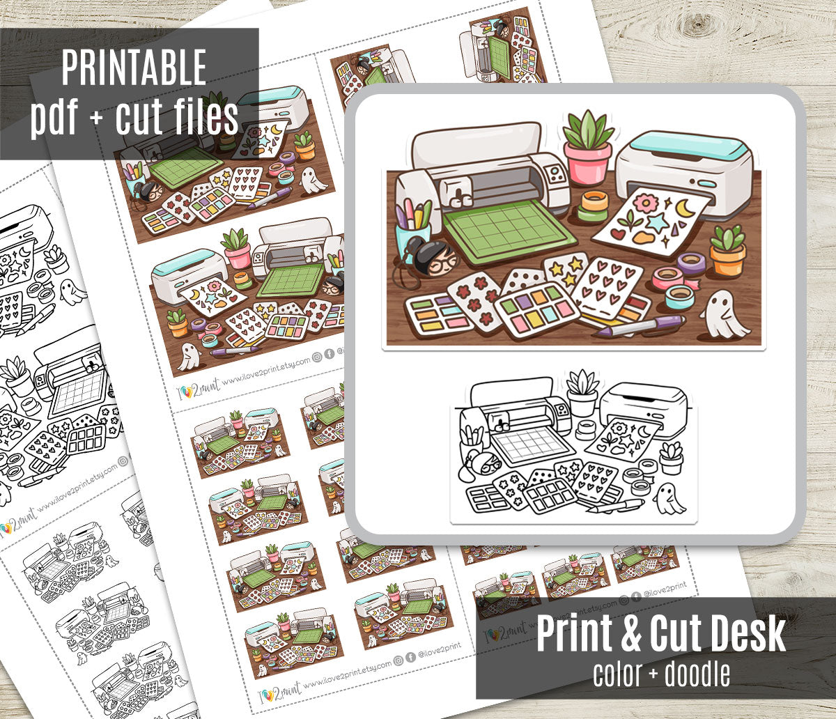 Elena Print and Cut Desk – Color and Stamp Printable Planner Stickers – PDF & Cut Files – Instant Download
