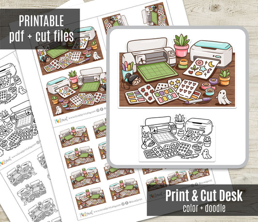 Elena Print and Cut Desk – Color and Stamp Printable Planner Stickers – PDF & Cut Files – Instant Download