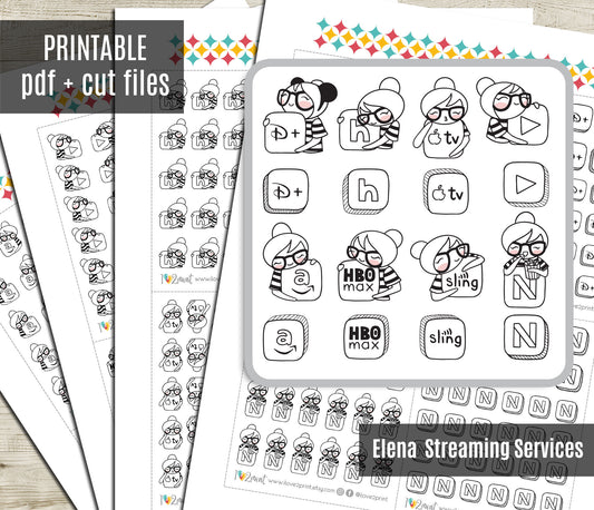 Streaming Services SET 1 – Elena Planner Girl – Printable Planner Stickers – PDF + Cut Files – Netflix, Hulu, Disney+