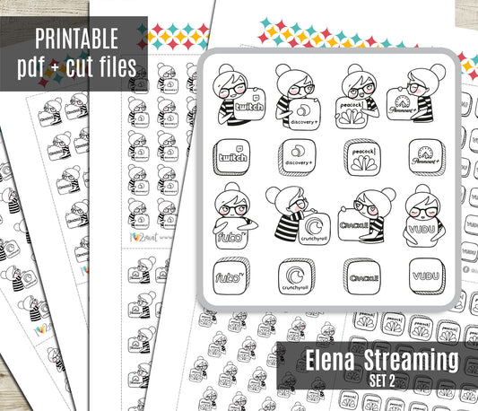 Streaming Services SET 2 – Elena Planner Girl – Printable Planner Stickers – PDF + Cut Files – Discovery, Peacock, Paramount