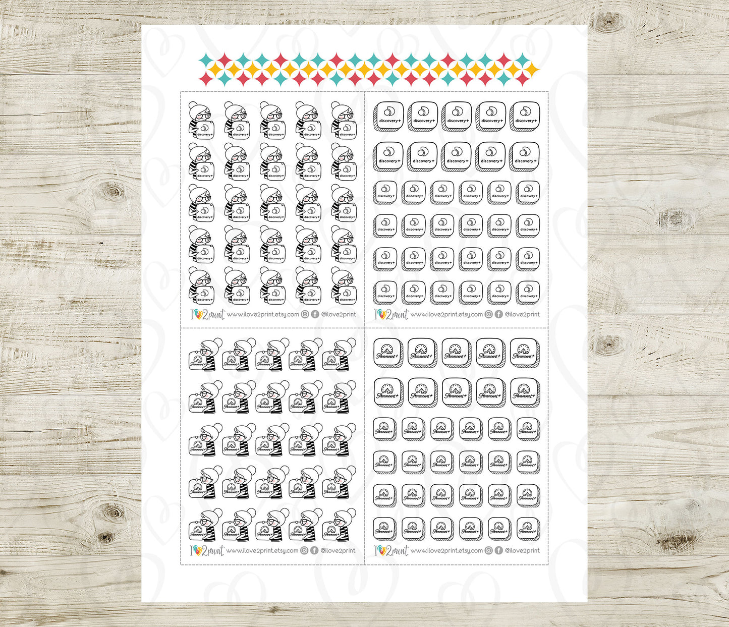 Streaming Services SET 2 – Elena Planner Girl – Printable Planner Stickers – PDF + Cut Files – Discovery, Peacock, Paramount