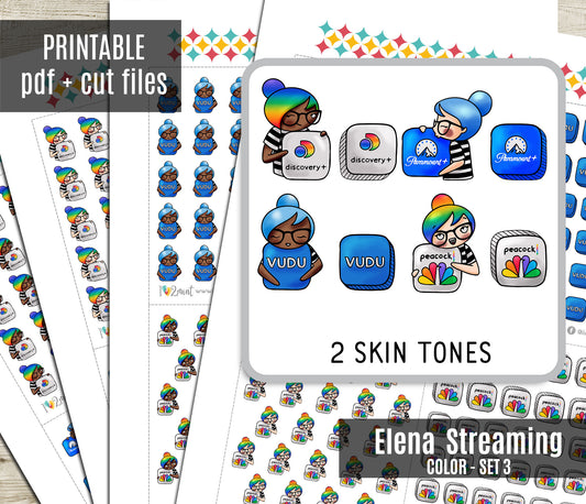Streaming Services SET 3 – COLOR Elena Planner Girl – Printable Planner Stickers – PDF + Cut Files – Discovery, Paramount, Peacock, Vudu