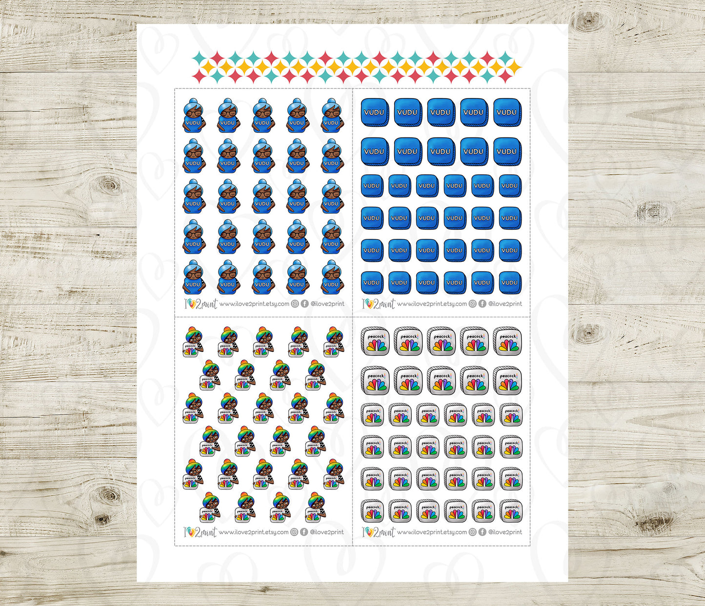 Streaming Services SET 3 – COLOR Elena Planner Girl – Printable Planner Stickers – PDF + Cut Files – Discovery, Paramount, Peacock, Vudu