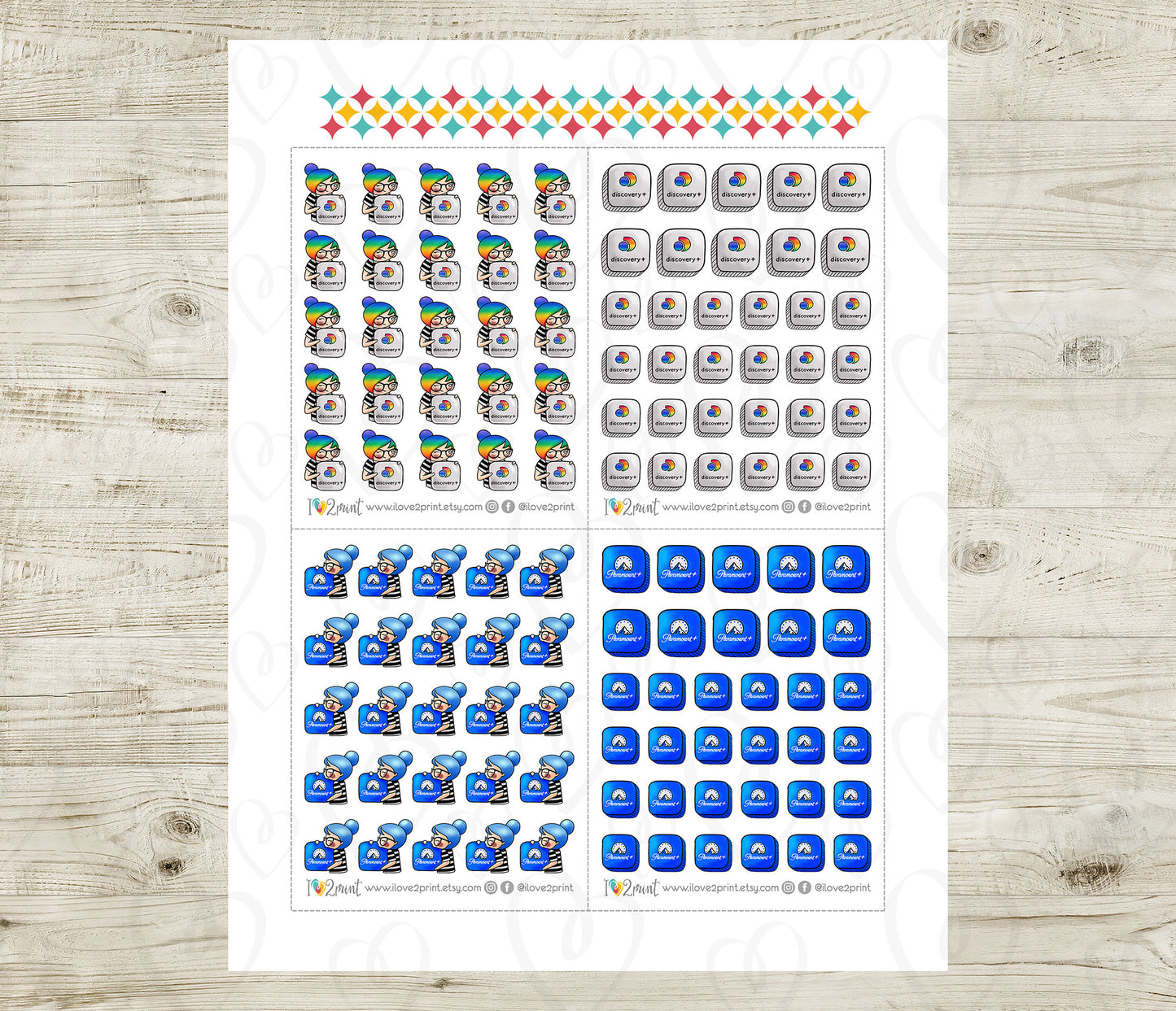 Streaming Services SET 3 – COLOR Elena Planner Girl – Printable Planner Stickers – PDF + Cut Files – Discovery, Paramount, Peacock, Vudu