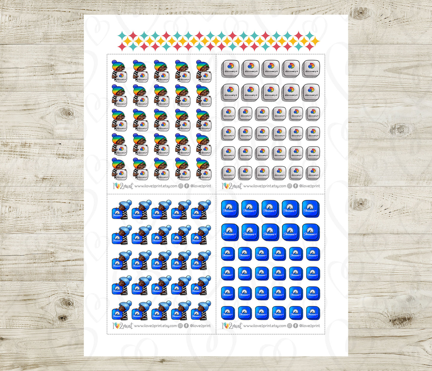 Streaming Services SET 3 – COLOR Elena Planner Girl – Printable Planner Stickers – PDF + Cut Files – Discovery, Paramount, Peacock, Vudu