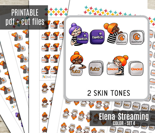 Streaming Services SET 4 – COLOR Elena Planner Girl – Printable Planner Stickers – PDF + Cut Files – Twitch, Crunchyroll, Fubo, Crackle