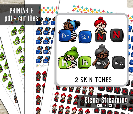 Streaming Services SET 1 – COLOR Elena Planner Girl – Printable Planner Stickers – PDF + Cut Files – Netflix, Hulu, Disney+, Apple TV