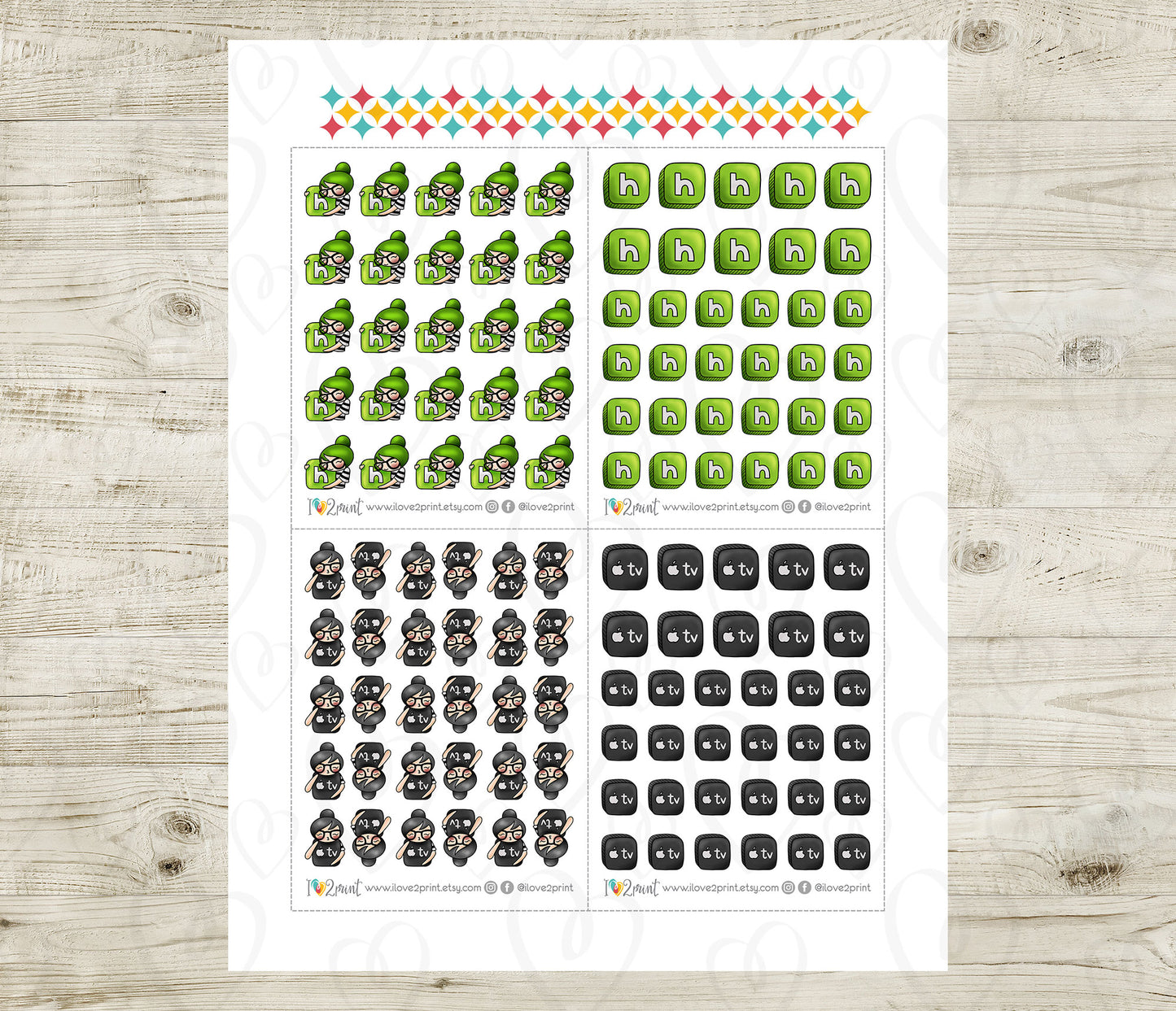 Streaming Services SET 1 – COLOR Elena Planner Girl – Printable Planner Stickers – PDF + Cut Files – Netflix, Hulu, Disney+, Apple TV