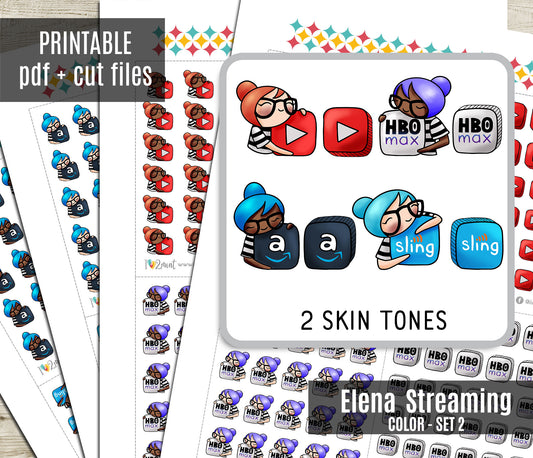Streaming Services SET 2 – COLOR Elena Planner Girl – Printable Planner Stickers – PDF + Cut Files – Youtube, HBO, Amazon Prime, Sling TV
