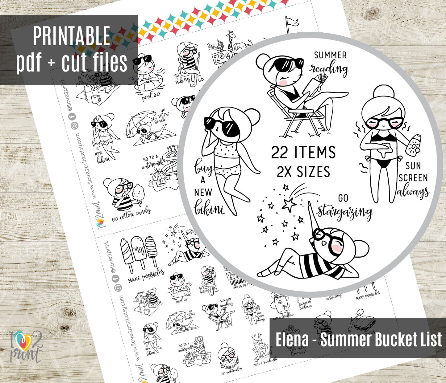 Elena Summer Bucket List Doodle Stickers | 22 Designs | Outline | 2 Sizes | PDF Cut Files