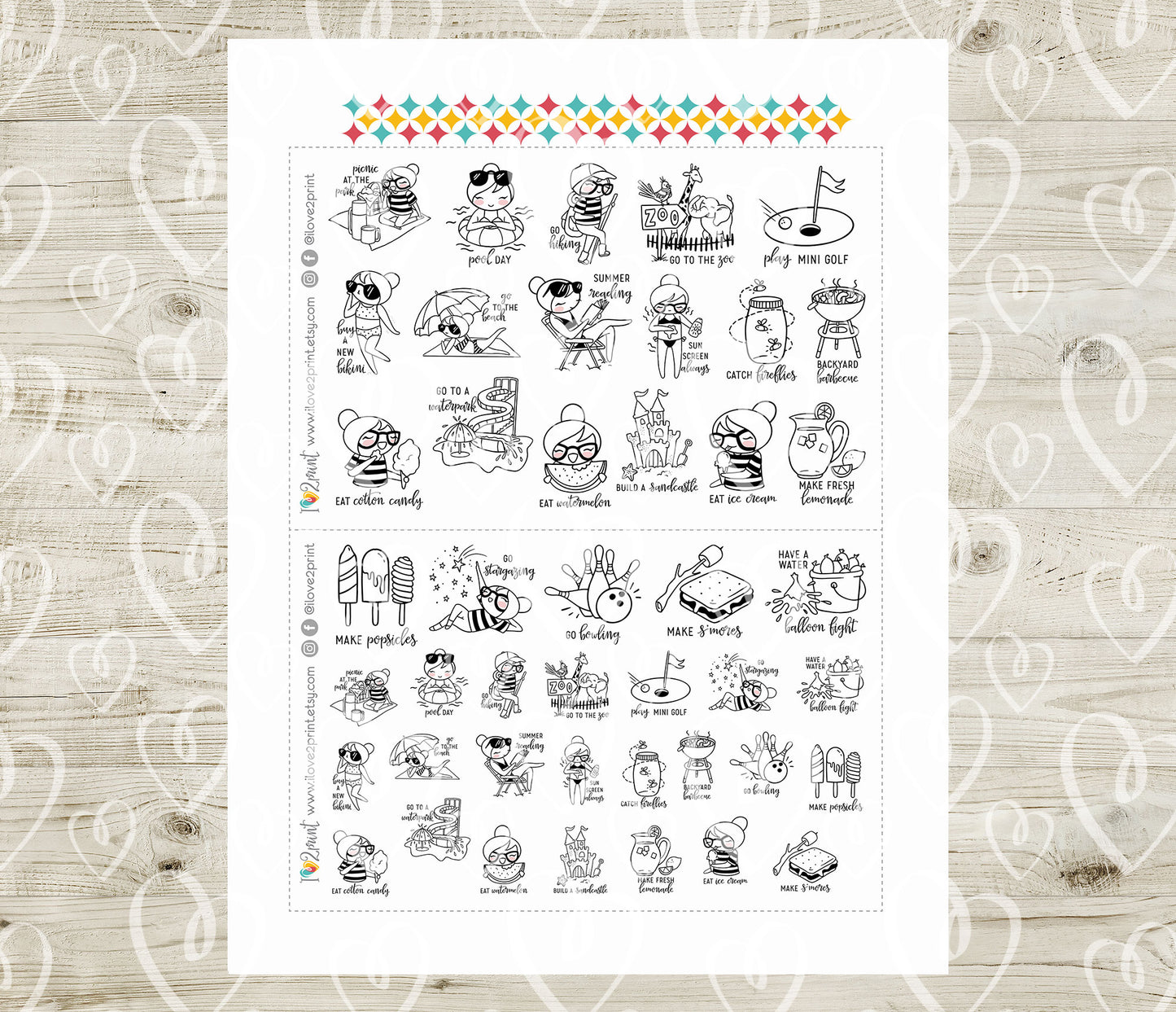 Elena Summer Bucket List Doodle Stickers | 22 Designs | Outline | 2 Sizes | PDF Cut Files