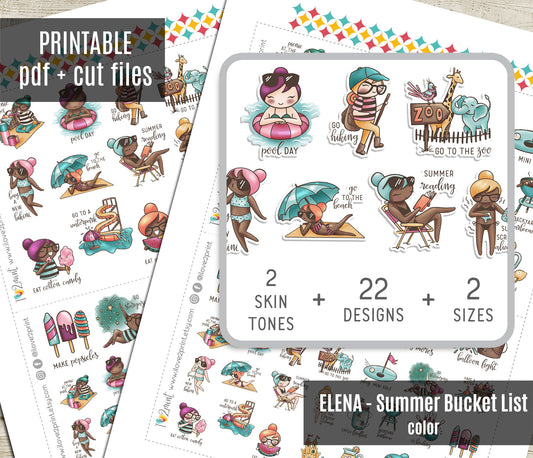 Elena Summer Bucket List 2 Skin Tones Stickers | 22 Designs | Color | 2 Sizes | PDF Cut Files