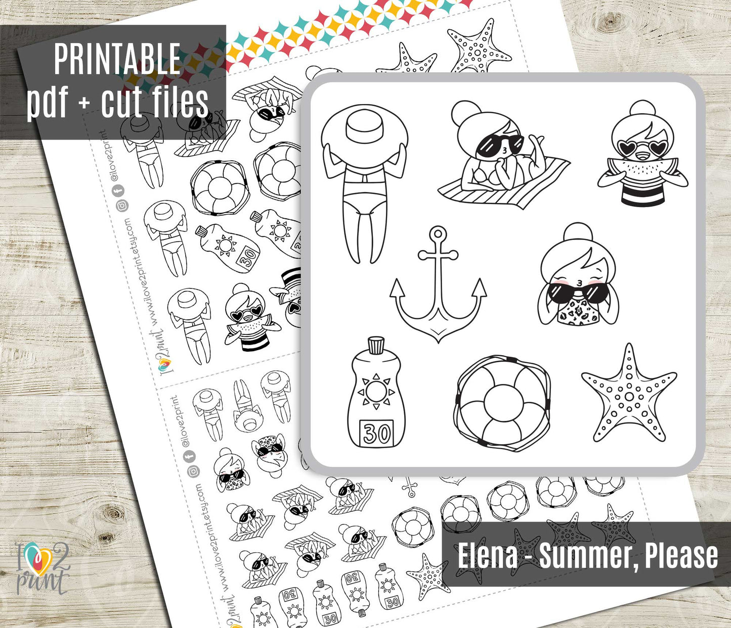 Elena Summer Please Doodle Printable Stickers | Beach Bikini Outline | PDF Cut Files | Instant Download