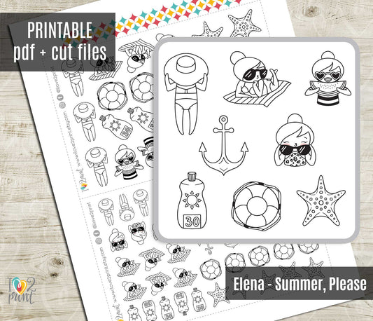 Elena Summer Please Doodle Printable Stickers | Beach Bikini Outline | PDF Cut Files | Instant Download