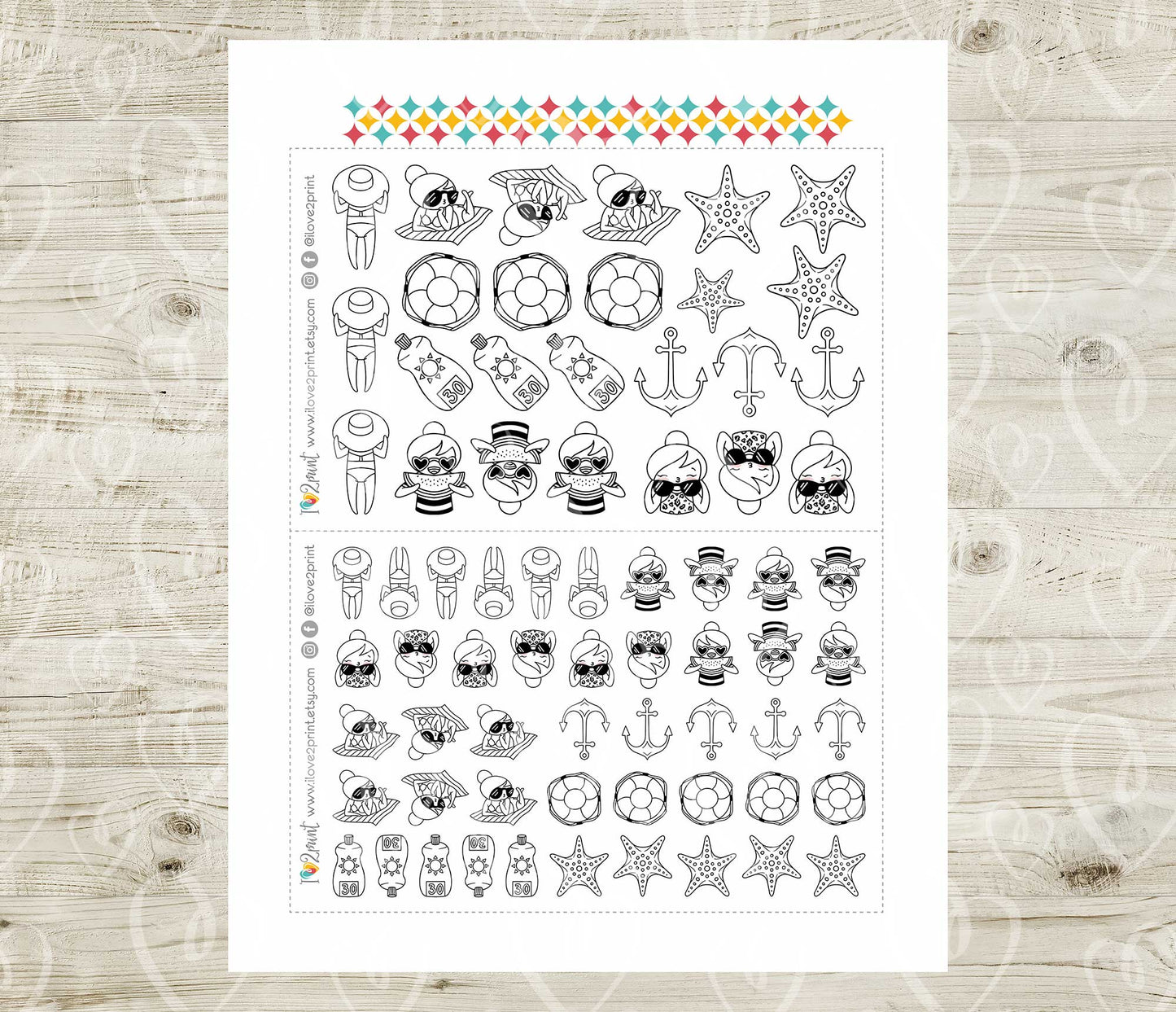 Elena Summer Please Doodle Printable Stickers | Beach Bikini Outline | PDF Cut Files | Instant Download
