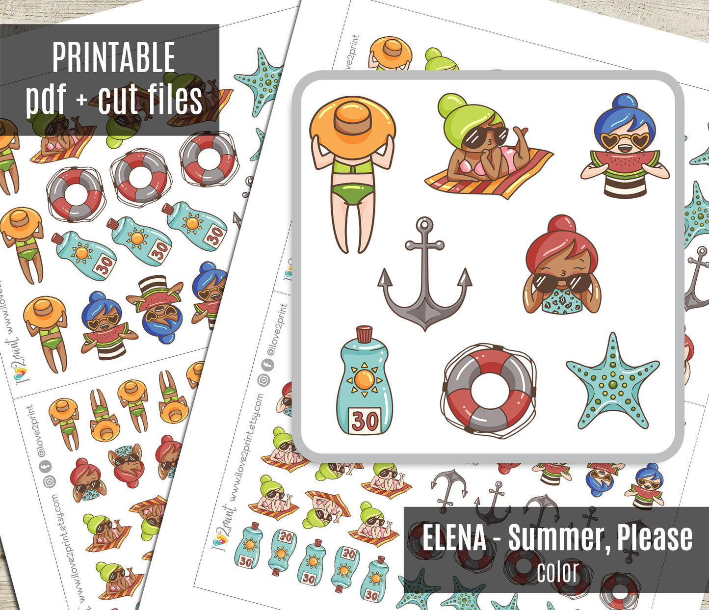Elena Summer Please Color Printable Stickers | 2 Skin Tones Beach | PDF Cut Files | Instant Download