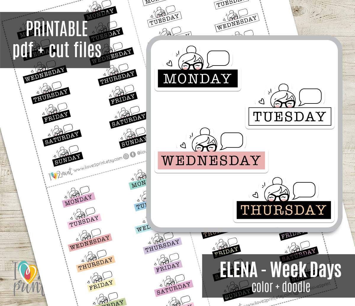 Elena Weekdays Headers Printable Planner Stickers | 4 Variations | PDF Cut Files | Instant Download